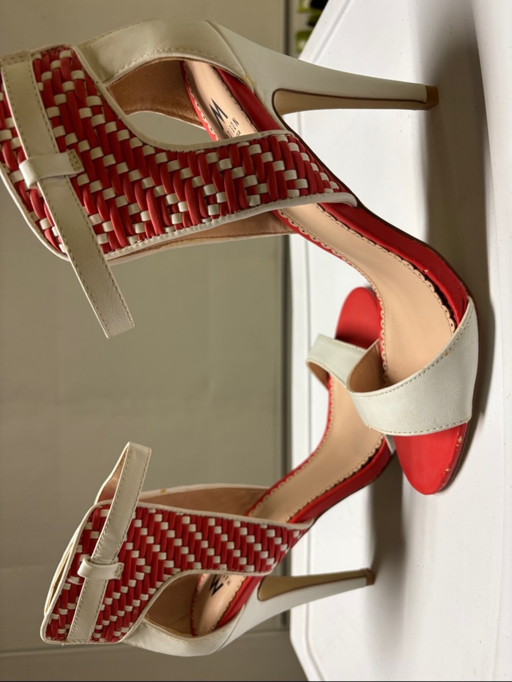 Shoe Dazzle Red and White Woven Stiletto Sandals